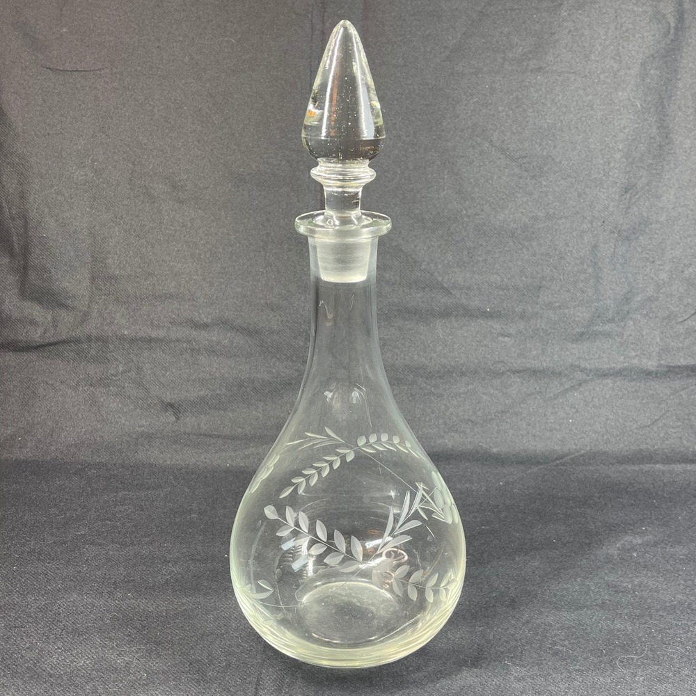 Vintage Etched Glass Decanter Floral Vine Brandy Whiskey Wine w Stopper 13.25"
